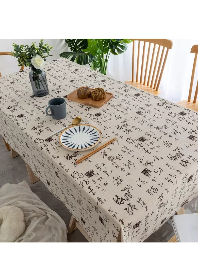 Oil-proof tablecloth, linen material, Chinese calligraphy style, 150*200cm, off-white