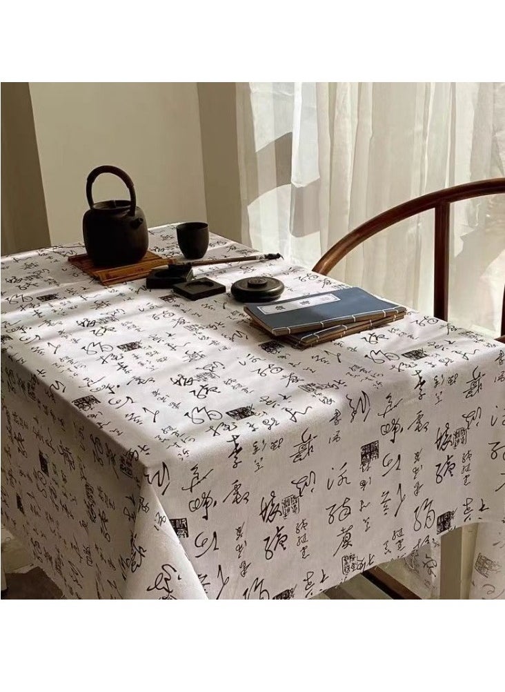 Oil-proof tablecloth, linen material, Chinese calligraphy style, 150*200cm, off-white