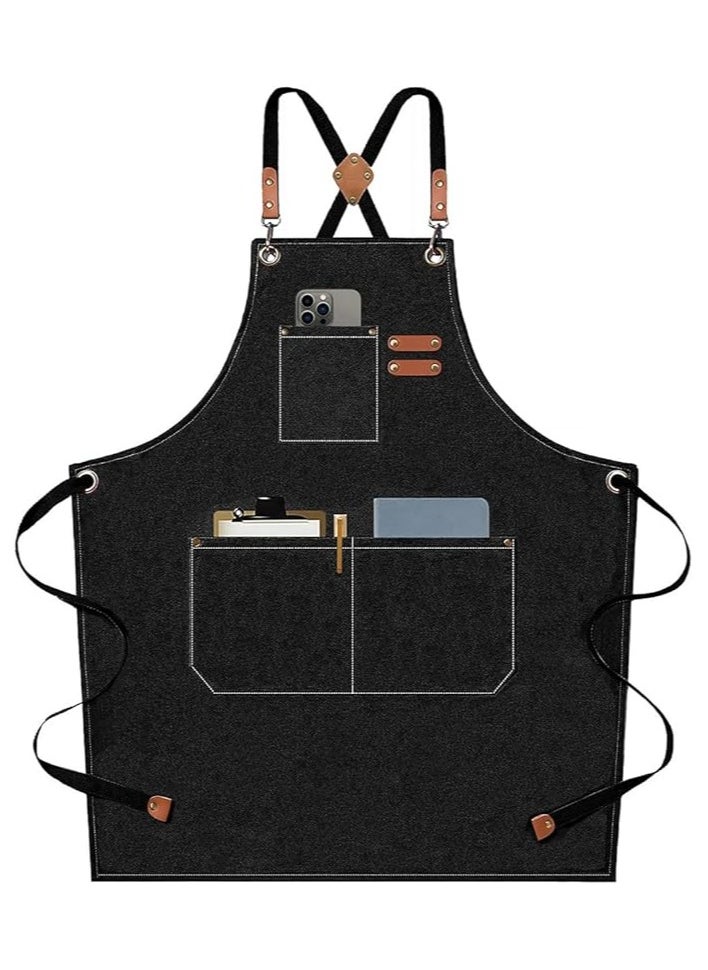 Chef Apron Waterproof  for Women and Men,Cotton Canvas Apron with Adjustable Straps and Large Pockets, for Kitchen Cooking Baking Hairstylist Woodworking Welding Carpenter Work Bib Painting Gardenin