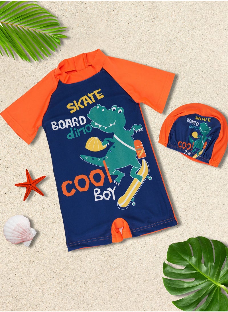 Skate board Dino printed swimwear with cap for boys