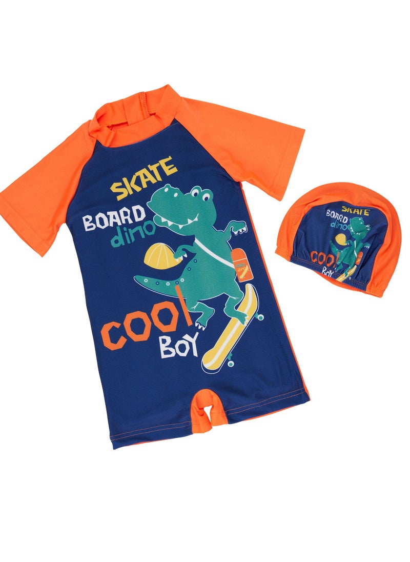 Skate board Dino printed swimwear with cap for boys