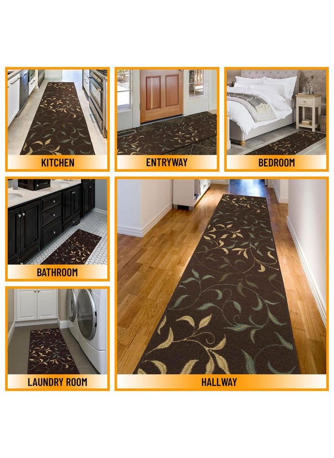 Machine Washable Leaves Design Non-Slip Rubberback 3X10 Traditional Runner Rug For Hallway, Kitchen, Bedroom, Living Room, 2'7