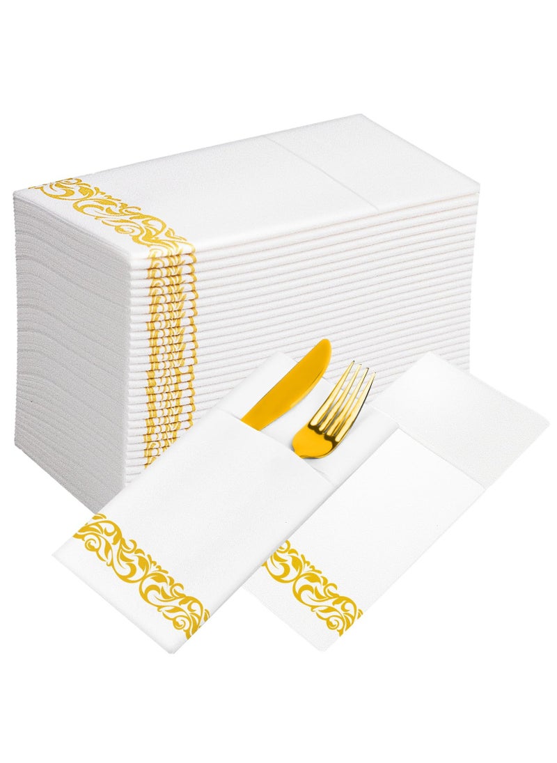 Disposable Dinner Napkins with Built-in Utensil Pouch,50 Pieces Elegant Wedding Napkins Linen Touch Hand Napkins,Suitable for Reception,Party Pre-Folded Fancy Lunch Napkins Decoration