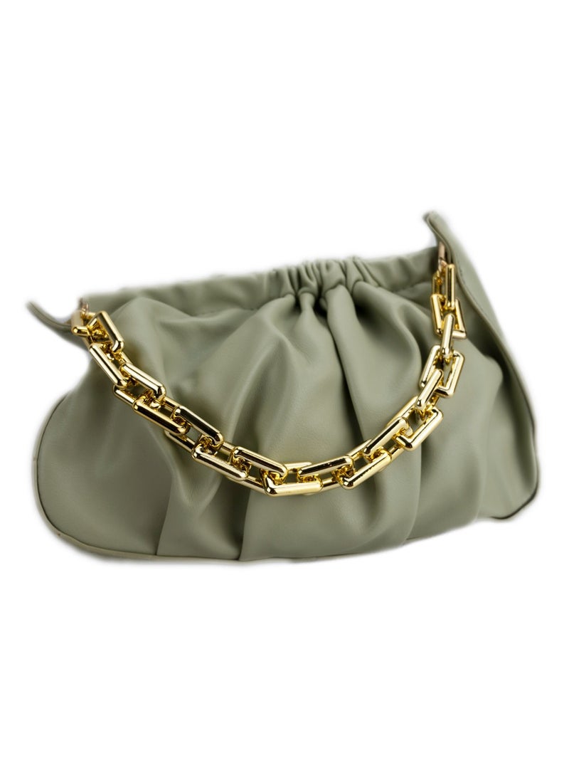 Chain Pouch Leather Clutch And Handbags For Women Sling Bag Shoulder Bag Chain Handle Green Handbag&Long Strap