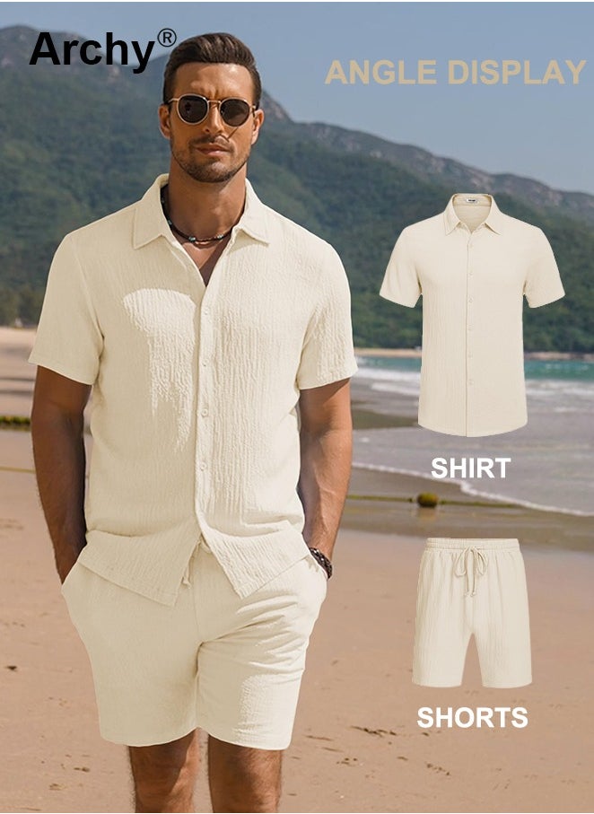 2 Pcs/Set Men's Pocket Front Short Sleeve Shirt and Shorts Basic Cotton Linen Urban Plain Plus Size Solid Color Casual Summer Outfit with Drawstring Holiday Vacation Wear 2 Pieces Button-Down Sets