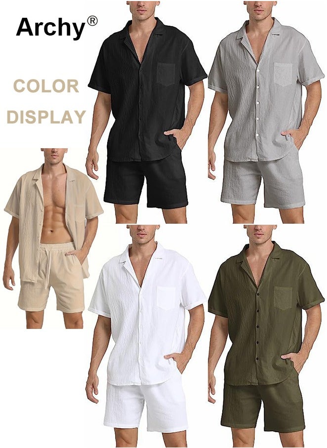 2 Pcs/Set Men's Pocket Front Short Sleeve Shirt and Shorts Basic Cotton Linen Urban Plain Plus Size Solid Color Casual Summer Outfit with Drawstring Holiday Vacation Wear 2 Pieces Button-Down Sets