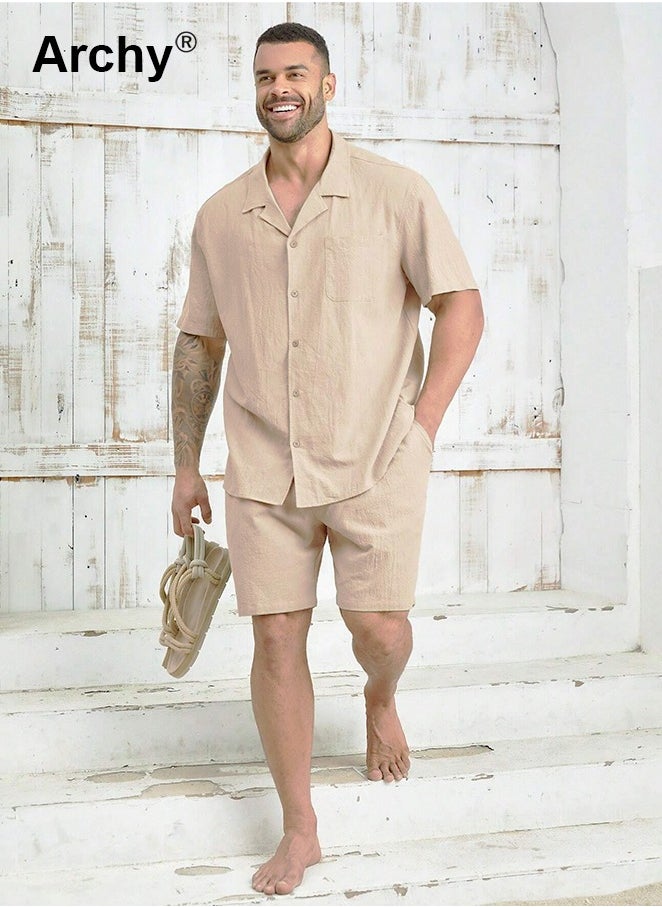 2 Pcs/Set Men's Pocket Front Short Sleeve Shirt and Shorts Basic Cotton Linen Urban Plain Plus Size Solid Color Casual Summer Outfit with Drawstring Holiday Vacation Wear 2 Pieces Button-Down Sets