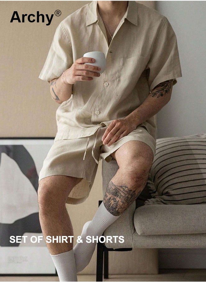 2 Pcs/Set Men's Pocket Front Short Sleeve Shirt and Shorts Basic Cotton Linen Urban Plain Plus Size Solid Color Casual Summer Outfit with Drawstring Holiday Vacation Wear 2 Pieces Button-Down Sets