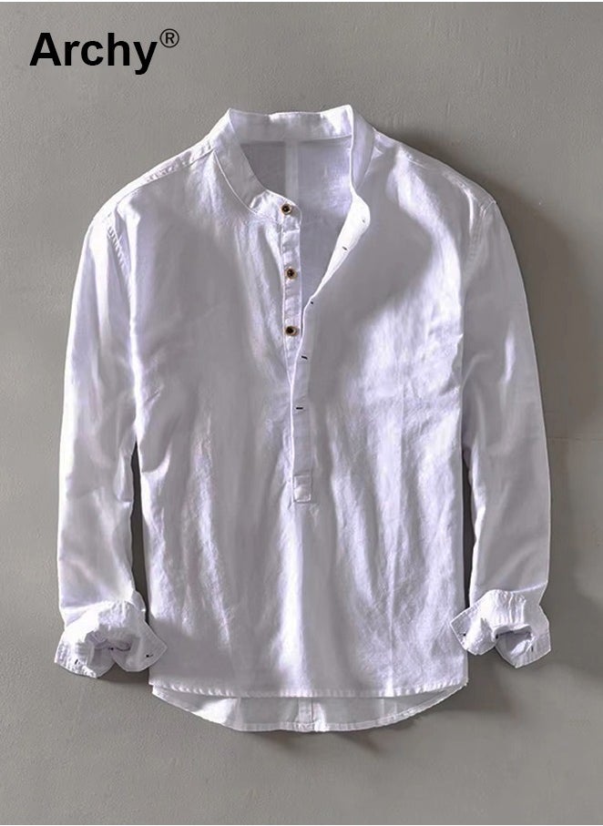 Men's Cotton Linen Shirt White Cotton Shirt Loose Casual Solid Color Shirt for Men Breathable Long Sleeve Top Summer Thin Men's Clothing Men's Minimalist Half Button Pullover Shirt