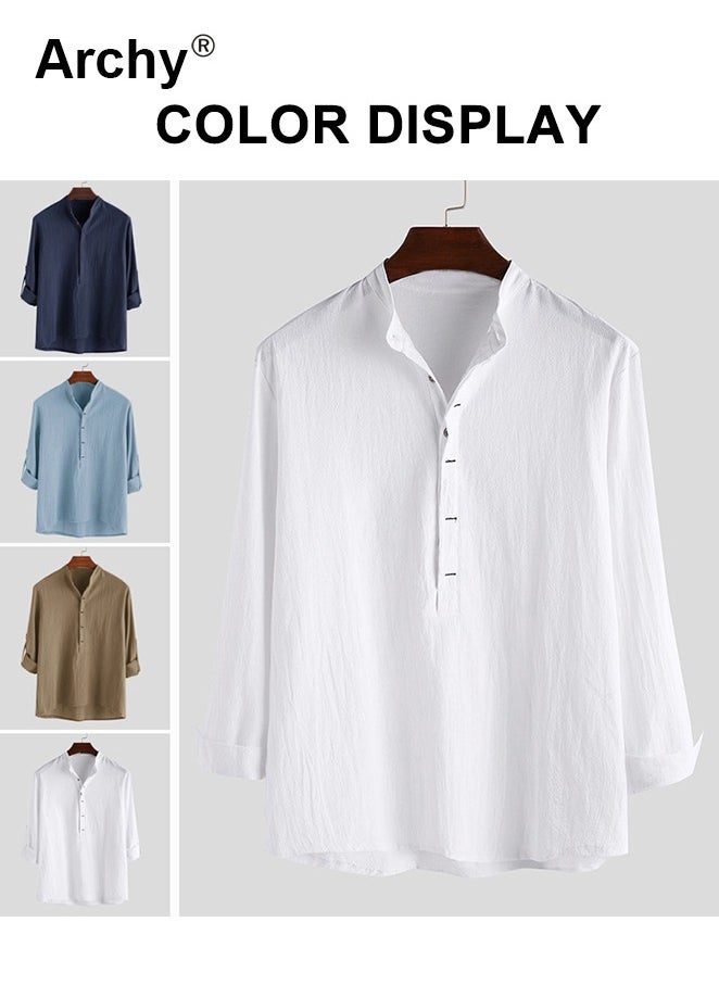 Men's Cotton Linen Shirt White Cotton Shirt Loose Casual Solid Color Shirt for Men Breathable Long Sleeve Top Summer Thin Men's Clothing Men's Minimalist Half Button Pullover Shirt