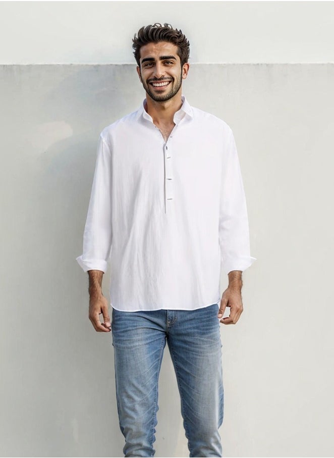 Men's Cotton Linen Shirt White Cotton Shirt Loose Casual Solid Color Shirt for Men Breathable Long Sleeve Top Summer Thin Men's Clothing Men's Minimalist Half Button Pullover Shirt