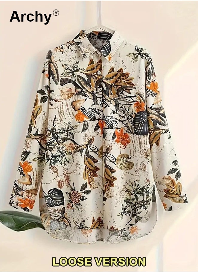 Women's Leaves Print Button Front Blouse Vintage Long Sleeve Loose Blouse For Spring & Fall Clothing Plant Print Polo Collar Shirt Casual Plus Size Blouse