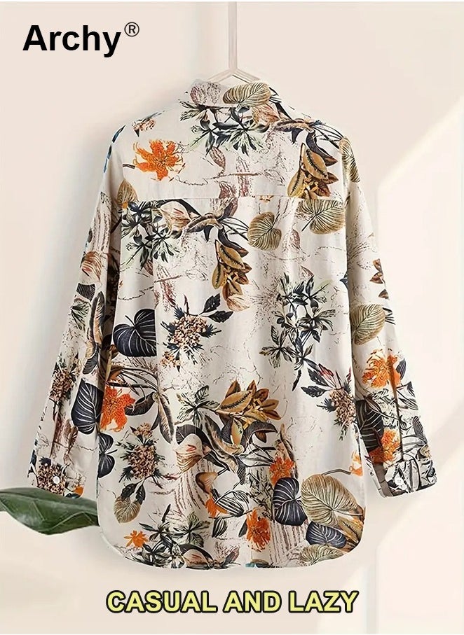 Women's Leaves Print Button Front Blouse Vintage Long Sleeve Loose Blouse For Spring & Fall Clothing Plant Print Polo Collar Shirt Casual Plus Size Blouse