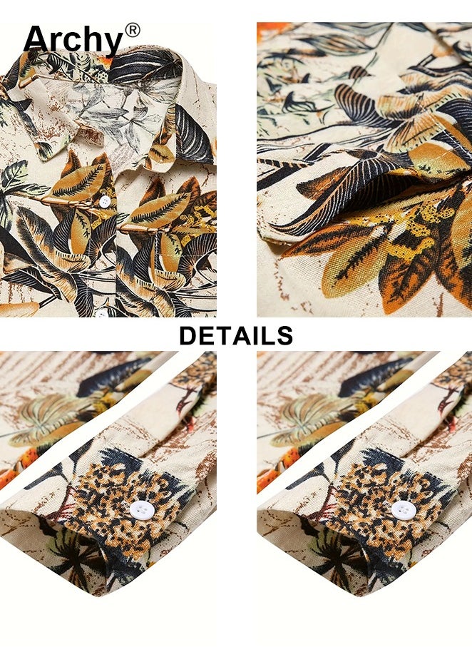 Women's Leaves Print Button Front Blouse Vintage Long Sleeve Loose Blouse For Spring & Fall Clothing Plant Print Polo Collar Shirt Casual Plus Size Blouse