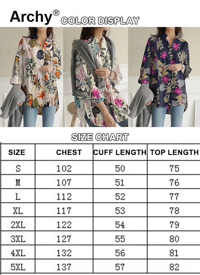 Women's Leaves Print Button Front Blouse Vintage Long Sleeve Loose Blouse For Spring & Fall Clothing Plant Print Polo Collar Shirt Casual Plus Size Blouse