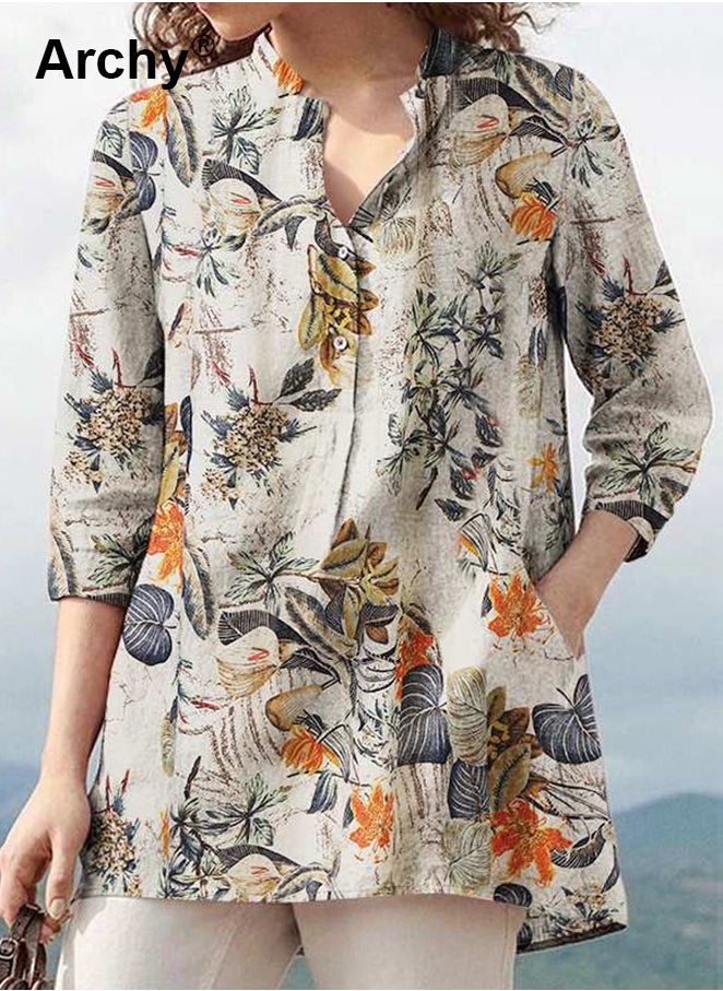 Women's Leaves Print Button Front Blouse Vintage Long Sleeve Loose Blouse For Spring & Fall Clothing Plant Print Polo Collar Shirt Casual Plus Size Blouse