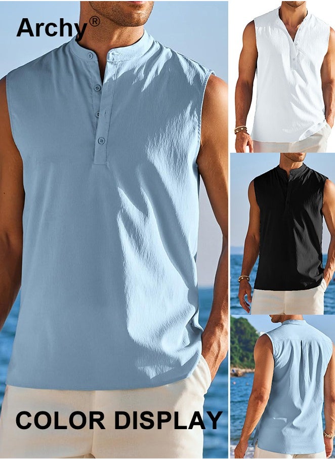 Lightweight Button Sleeveless Cotton Top Tank Beach Shirts for Men Summer Casual Henley T-Shirts Tank Band Collar White Shirts