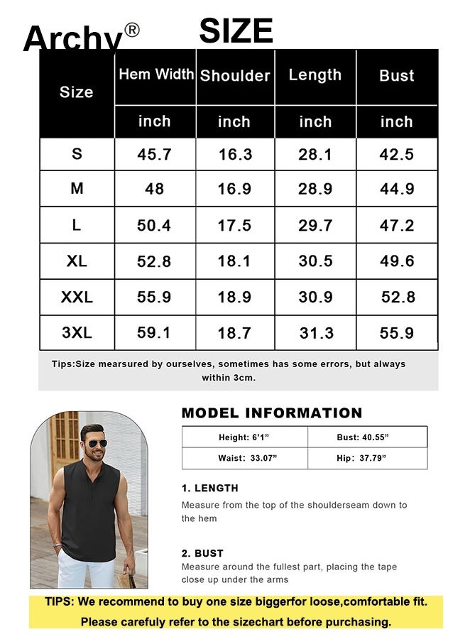 Lightweight Button Sleeveless Cotton Top Tank Beach Shirts for Men Summer Casual Henley T-Shirts Tank Band Collar White Shirts