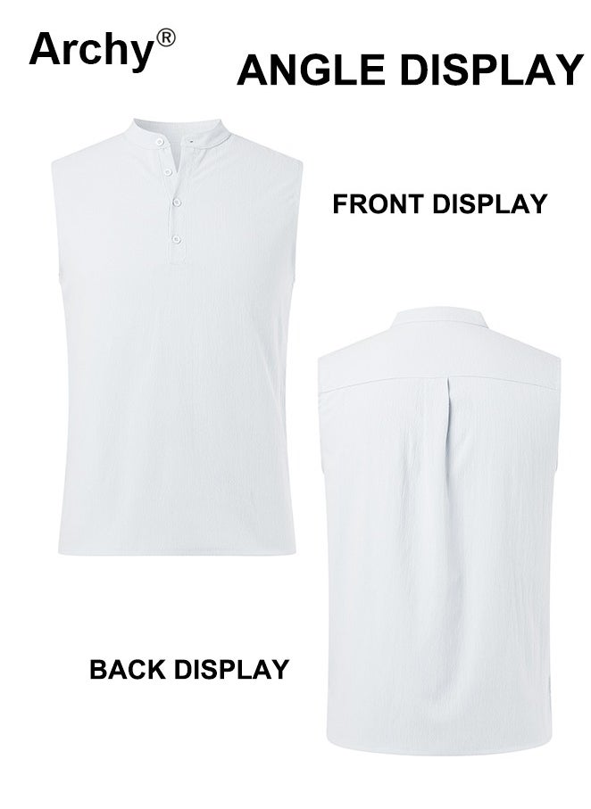 Lightweight Button Sleeveless Cotton Top Tank Beach Shirts for Men Summer Casual Henley T-Shirts Tank Band Collar White Shirts