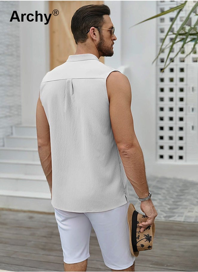 Lightweight Button Sleeveless Cotton Top Tank Beach Shirts for Men Summer Casual Henley T-Shirts Tank Band Collar White Shirts