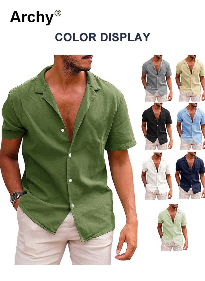 Men's Solid Color Short Sleeve Casual Shirt Summer Men's Cotton Linen Shirts Button Down Tropical Holiday Beach Hawaiian Shirts for Men