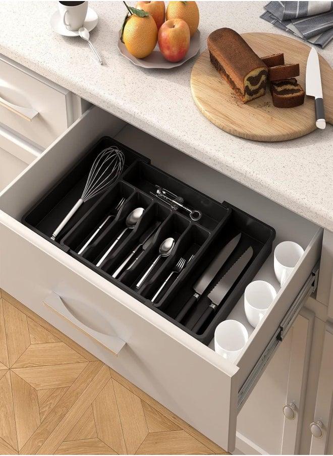 Expandable Silverware Drawer Organizer, Adjustable Kitchen Flatware Organizer with Removable Dividers, Large Capacity Utensil Holder, Plastic Spoons Forks Knives Holder Storage Dividers Cutlery Tray