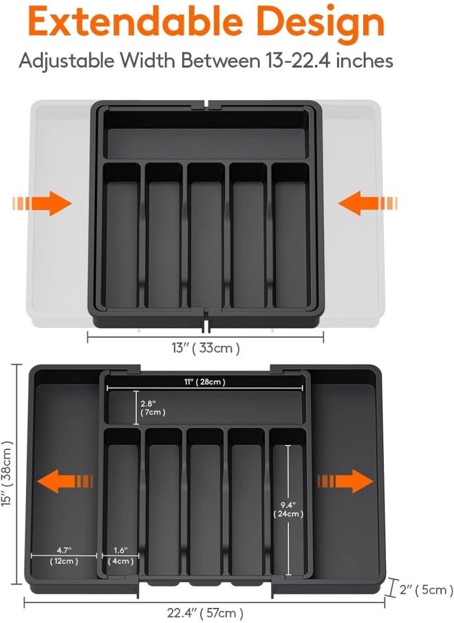 Expandable Silverware Drawer Organizer, Adjustable Kitchen Flatware Organizer with Removable Dividers, Large Capacity Utensil Holder, Plastic Spoons Forks Knives Holder Storage Dividers Cutlery Tray