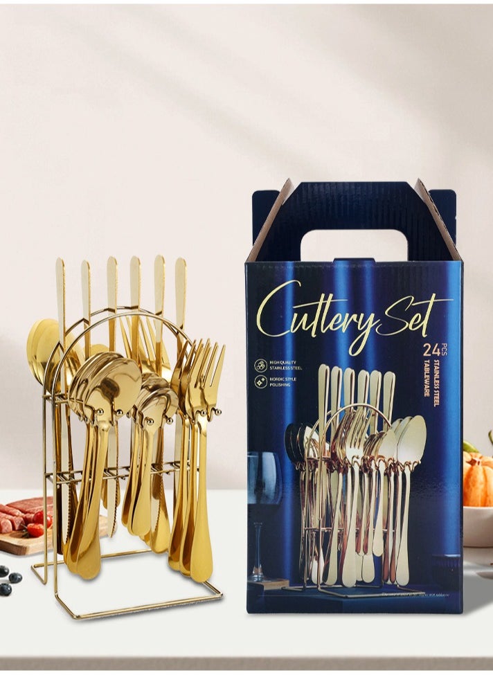 24-Piece Stainless Steel Cutlery Set with Storage Holder GoldComes with gift box packaging