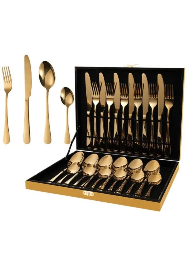 24-Piece Stainless Steel Cutlery Set Golden Kitchen Utensils Set Tableware Set For Home Kitchen Restaurant Hotel Gatherings Picnic Dining