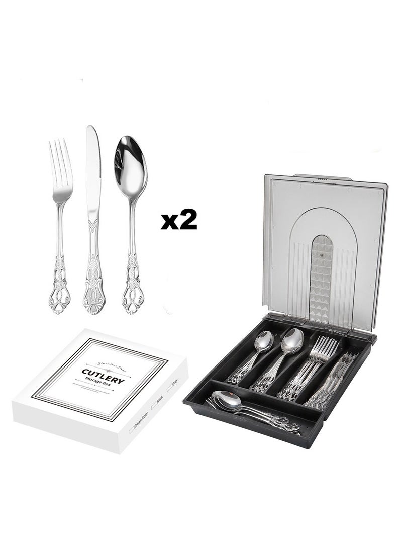 6 Pieces Silvery Flatware Set for 2 Person Luxury Stainless Steel Cutlery Forks Knives Spoons Modern Eating Utensils Double Line Edges Handle, 6-Piece Silverware Set with Organizer, Heavy Duty Stain