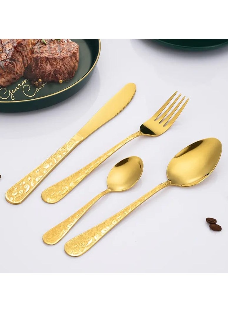 24 Piece Goldware with Crafted Handles Flatware Cutlery Set Stainless Steel Utensils Service for 6 Include Knife Fork Spoon Mirror Polished and Dishwasher Safe