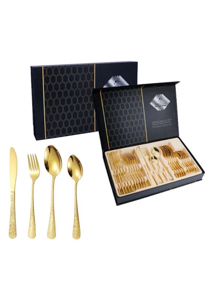 24 Piece Goldware with Crafted Handles Flatware Cutlery Set Stainless Steel Utensils Service for 6 Include Knife Fork Spoon Mirror Polished and Dishwasher Safe