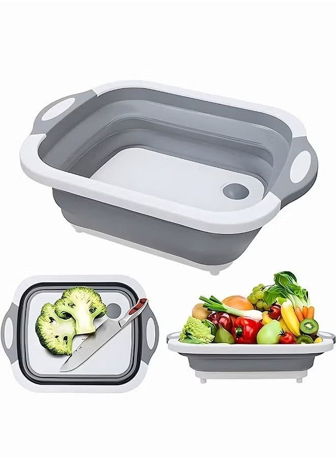 Collapsible Cutting Board, 3 in 1 Foldable Chopping Board with Colander, Multifunctional Kitchen Vegetable Washing Basket Silicone Dish Tub for BBQ Prep/Picnic/Camping