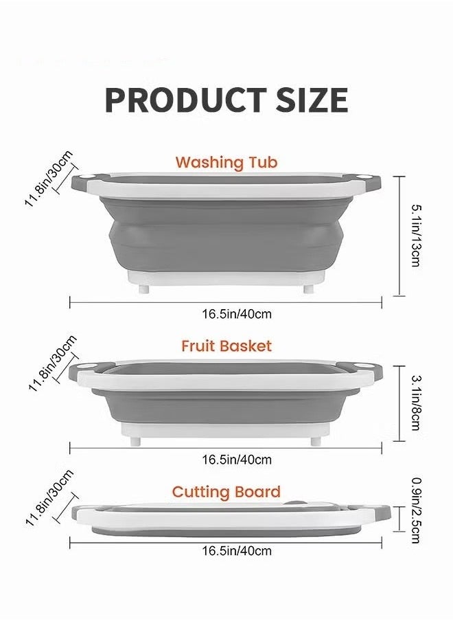 Collapsible Cutting Board, 3 in 1 Foldable Chopping Board with Colander, Multifunctional Kitchen Vegetable Washing Basket Silicone Dish Tub for BBQ Prep/Picnic/Camping