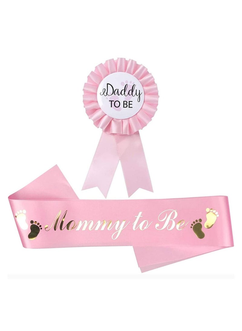 Baby Shower Sash 2 PCS Mommy to be and Daddy to Be Tinplate Badge Pin Set New Daddy Mom Gifts for Party Celebration Pink