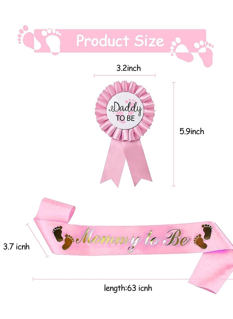 Baby Shower Sash 2 PCS Mommy to be and Daddy to Be Tinplate Badge Pin Set New Daddy Mom Gifts for Party Celebration Pink