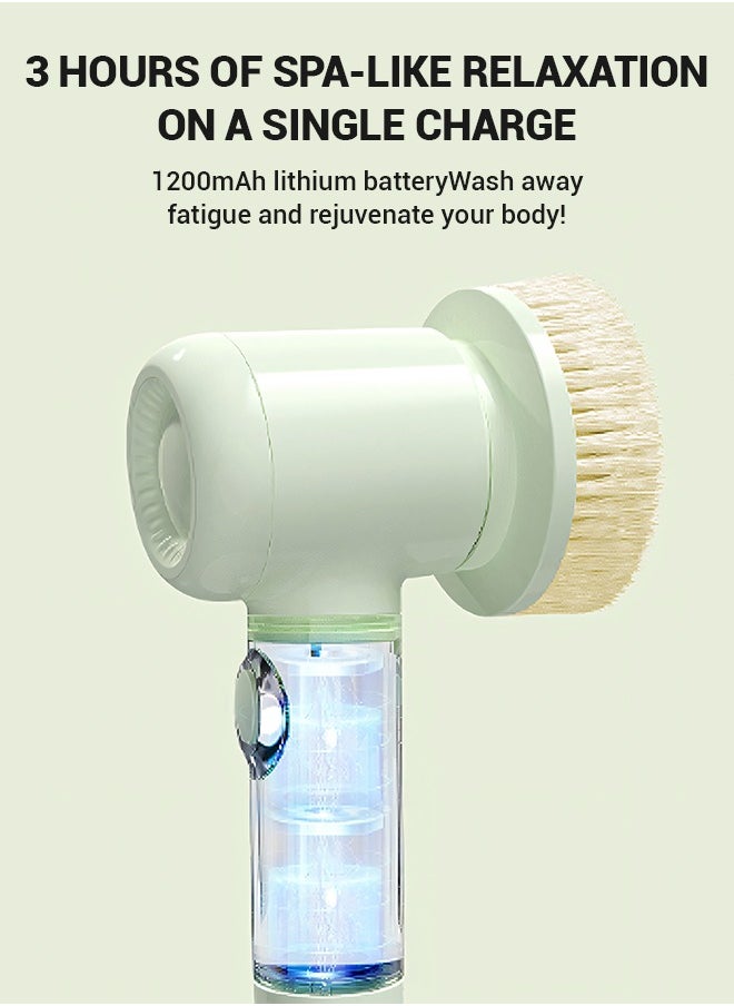 Multi-functional electric bathing brush, perfect for lazy bathing. It features back massage and scrubbing functions, with a long handle for easy use. USB rechargeable and stylish in green.