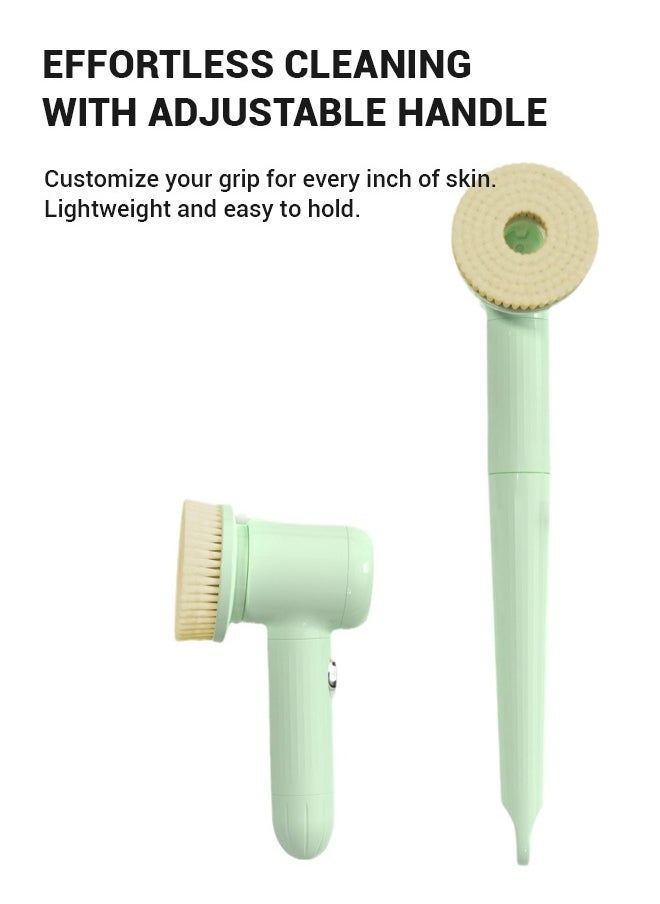 Multi-functional electric bathing brush, perfect for lazy bathing. It features back massage and scrubbing functions, with a long handle for easy use. USB rechargeable and stylish in green.