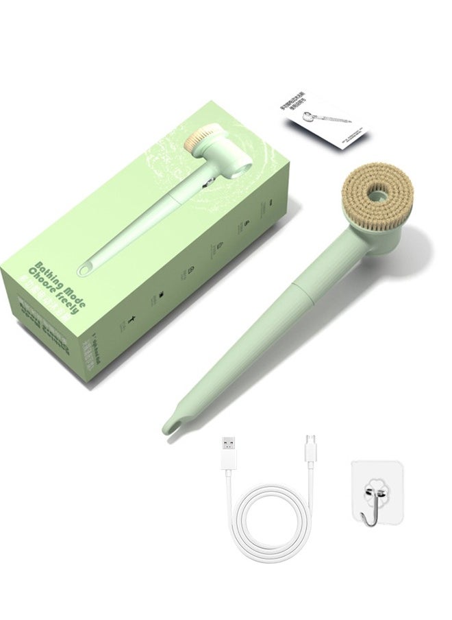 Multi-functional electric bathing brush, perfect for lazy bathing. It features back massage and scrubbing functions, with a long handle for easy use. USB rechargeable and stylish in green.