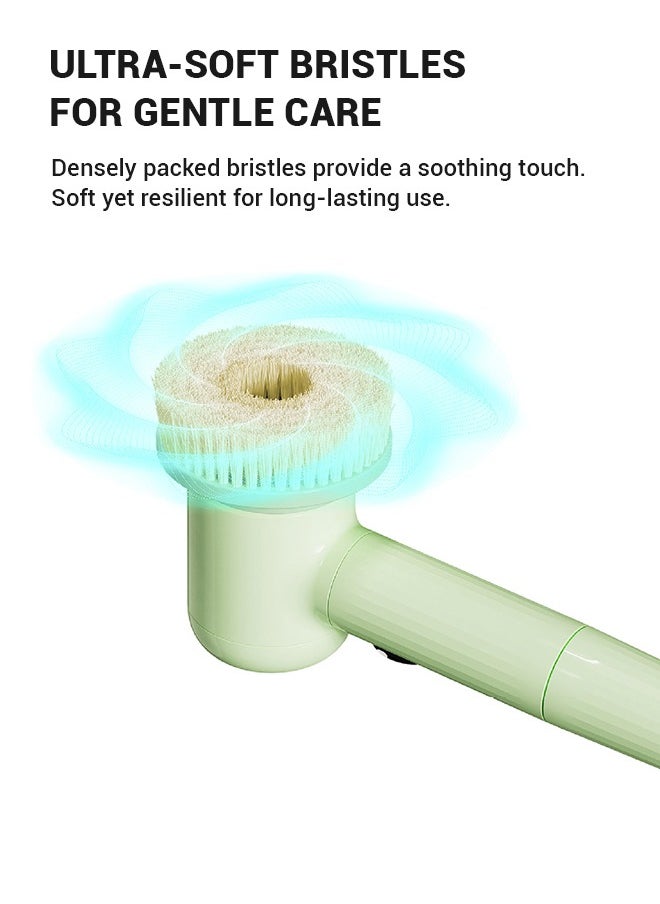 Multi-functional electric bathing brush, perfect for lazy bathing. It features back massage and scrubbing functions, with a long handle for easy use. USB rechargeable and stylish in green.