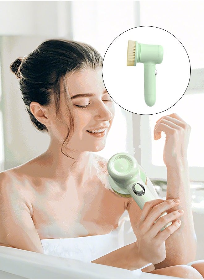 Multi-functional electric bathing brush, perfect for lazy bathing. It features back massage and scrubbing functions, with a long handle for easy use. USB rechargeable and stylish in green.