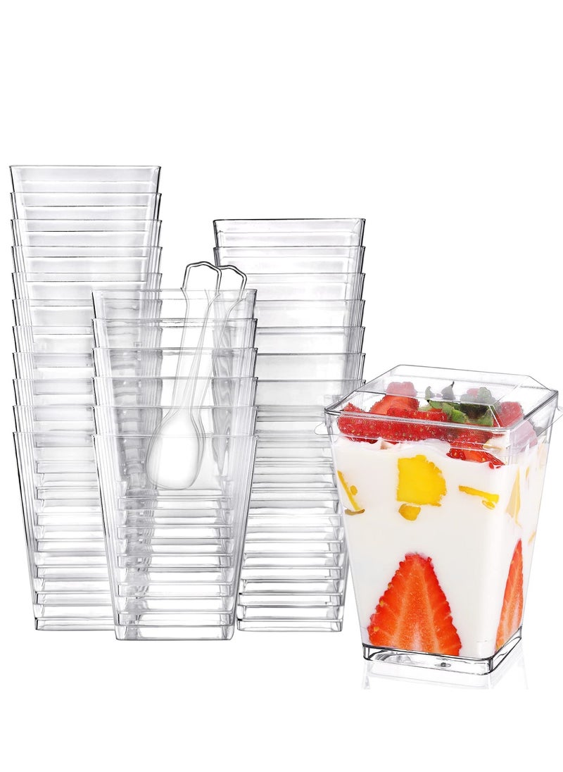 50 Pack of 5 Oz Clear Plastic Dessert Cups with Lids and Spoons - Square Appetizer Tumbler Cups for Mini Desserts, Puddings, and Mousse - Perfect for Parties and Events.