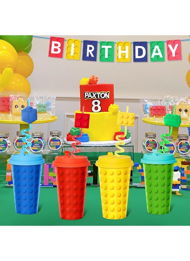 Building Blocks Party Favors Goodie Cups, 24 Pack Birthday Party Cups In 4 Designs, 16Oz Reusable Colorful Blocks Plastic Party Supplies Decorations Cups With Lids Plugs For Kids