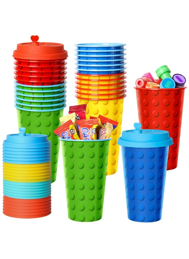 Building Blocks Party Favors Goodie Cups, 24 Pack Birthday Party Cups In 4 Designs, 16Oz Reusable Colorful Blocks Plastic Party Supplies Decorations Cups With Lids Plugs For Kids