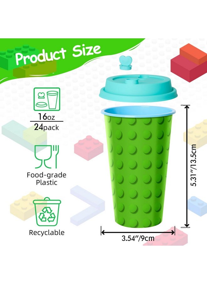 Building Blocks Party Favors Goodie Cups, 24 Pack Birthday Party Cups In 4 Designs, 16Oz Reusable Colorful Blocks Plastic Party Supplies Decorations Cups With Lids Plugs For Kids