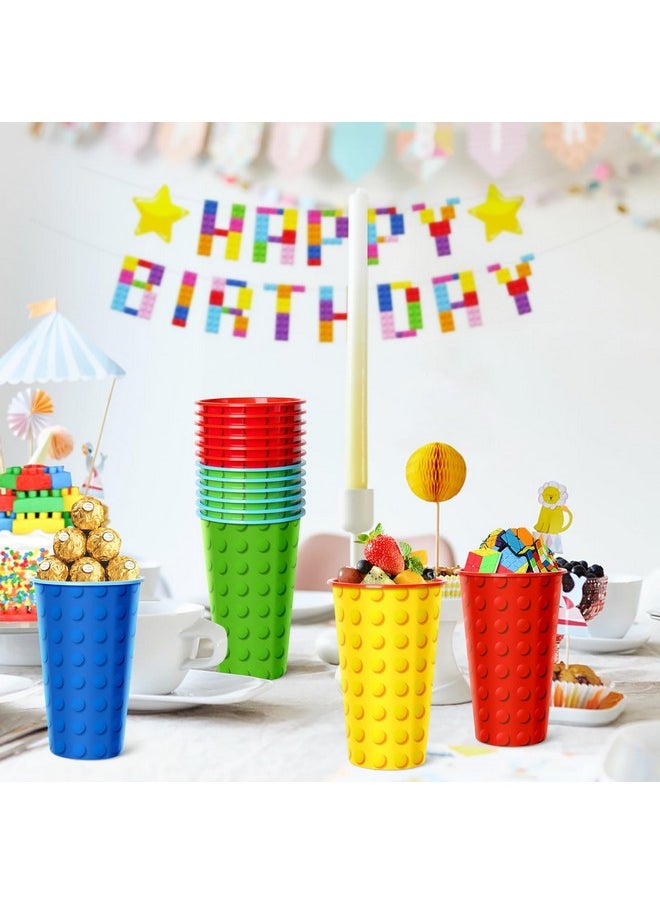 Building Blocks Party Favors Goodie Cups, 24 Pack Birthday Party Cups In 4 Designs, 16Oz Reusable Colorful Blocks Plastic Party Supplies Decorations Cups With Lids Plugs For Kids