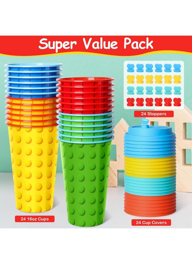 Building Blocks Party Favors Goodie Cups, 24 Pack Birthday Party Cups In 4 Designs, 16Oz Reusable Colorful Blocks Plastic Party Supplies Decorations Cups With Lids Plugs For Kids