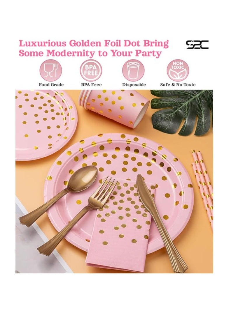 S2C 175 Pcs Serves 25 Heavy Duty Pink Gold Disposable Party Supplies With Paper Party Plates, Napkins, Cups, Spoons, Forks For Wedding, Birthday, Anniversary, Graduation Dinnerware Set (PINK GOLD)
