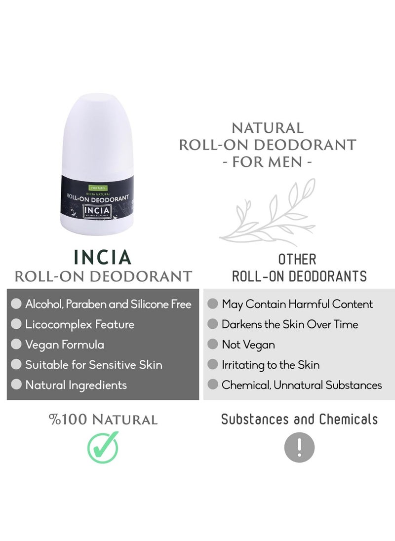 Natural Men's Roll-On Deodorant, 100% Natural - 50 ml