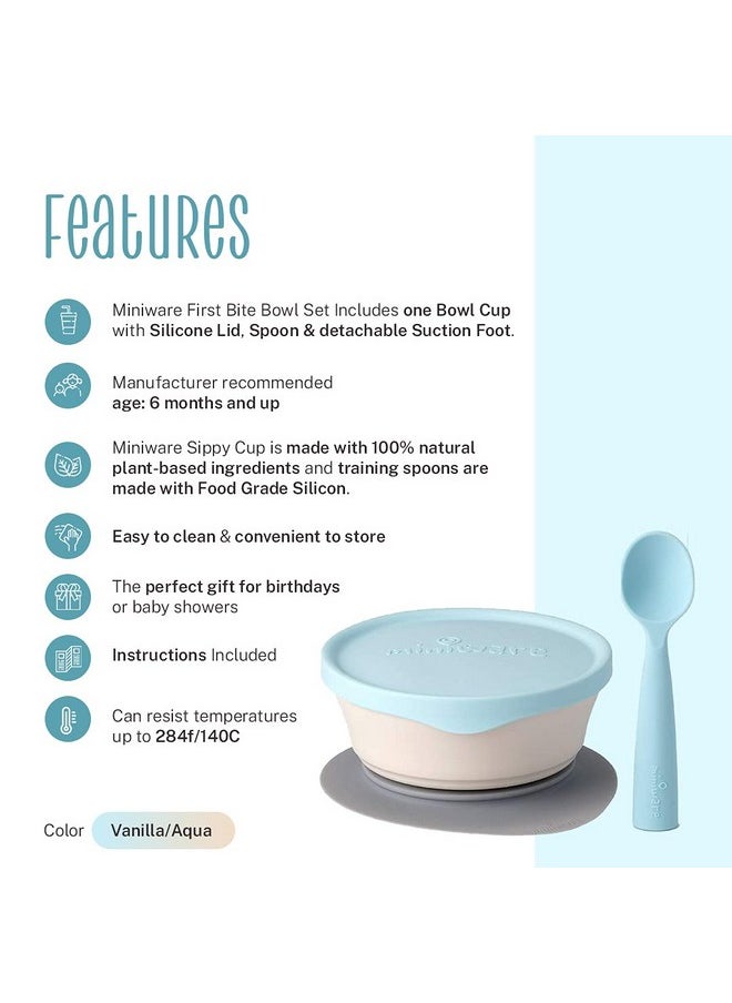 First Bites Set With Cereal Bowl, Detachable Suction Foot, And Training Spoon For Baby Toddler Kids - Promotes Self Feeding | Eco-Friendly And Bpa Free | Dishwasher Safe (Vanilla & Aqua)